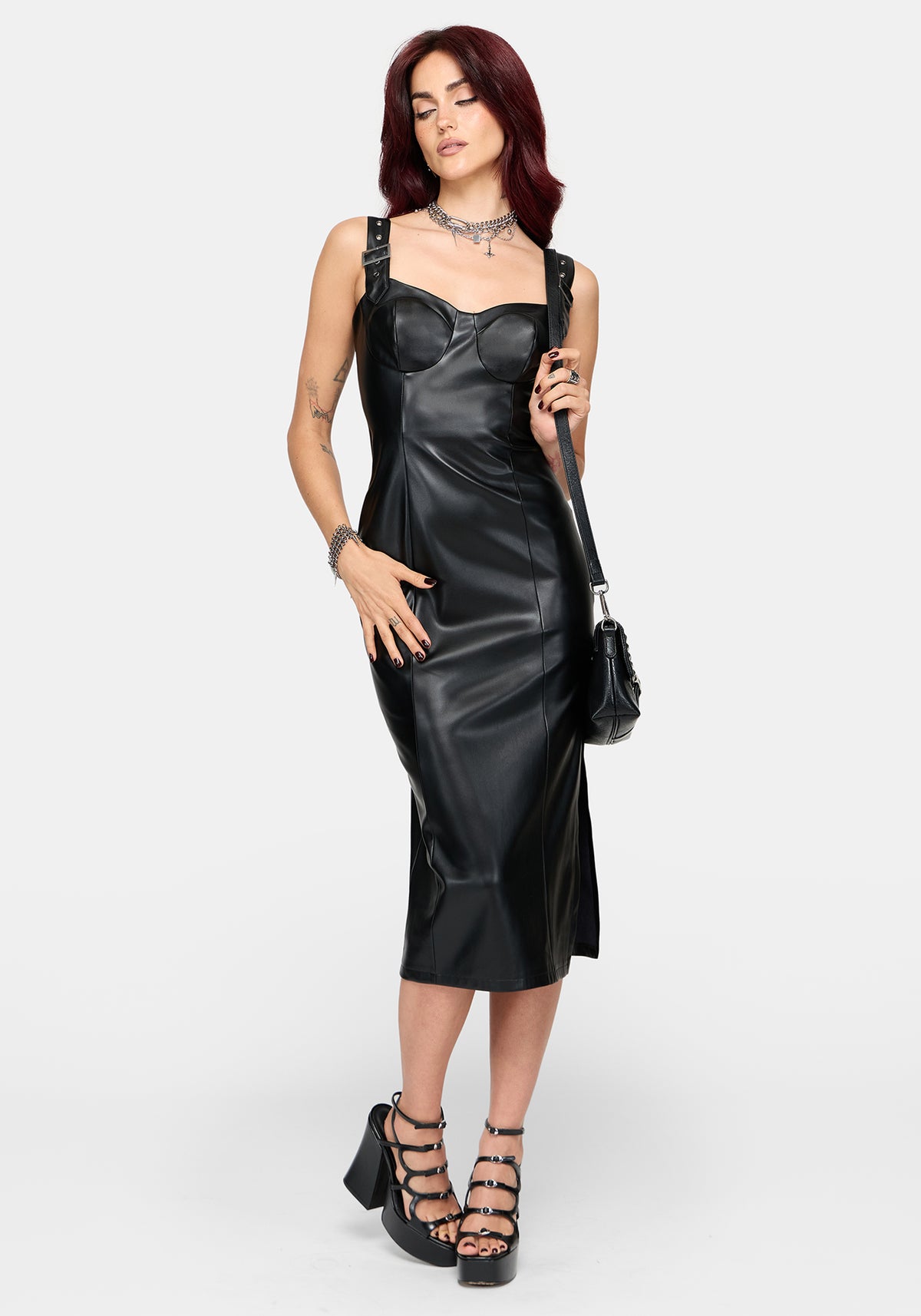 Alexis PU Buckle Strap Bodycon Midi Dress