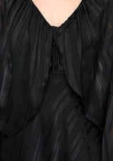 Close-up of a black dress with a textured fabric and subtle pattern.
