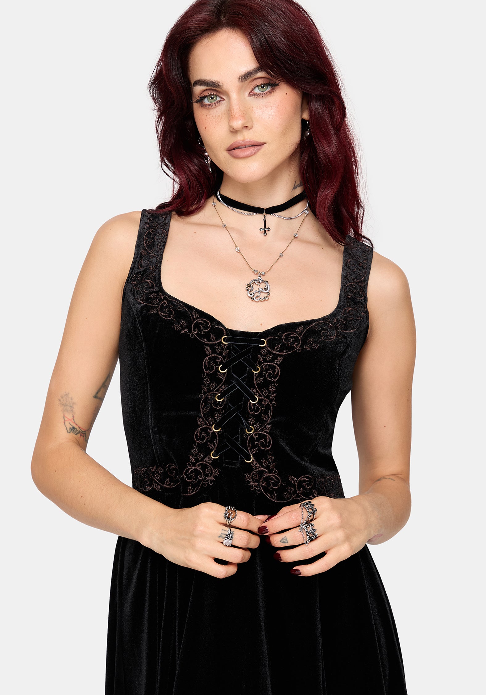 Gildra Embroidered Lace Up Front Mini Dress