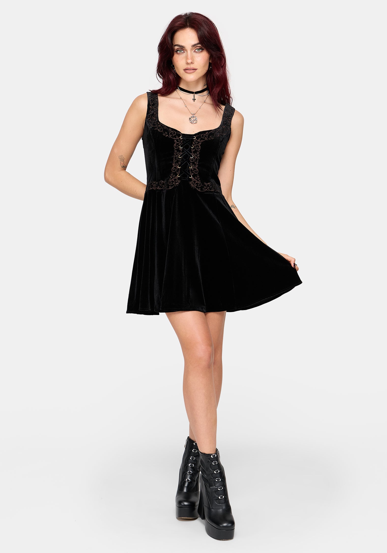 Gildra Embroidered Lace Up Front Mini Dress