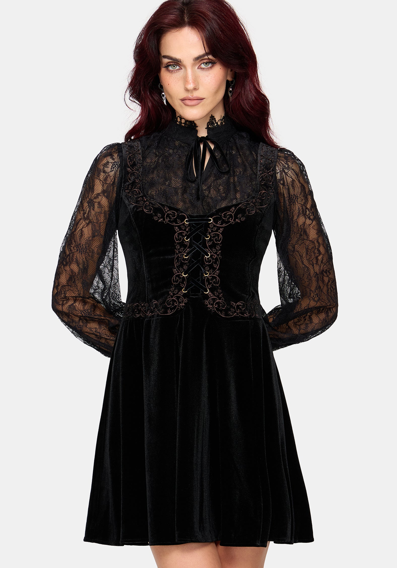 Gildra Embroidered Lace Up Front Mini Dress