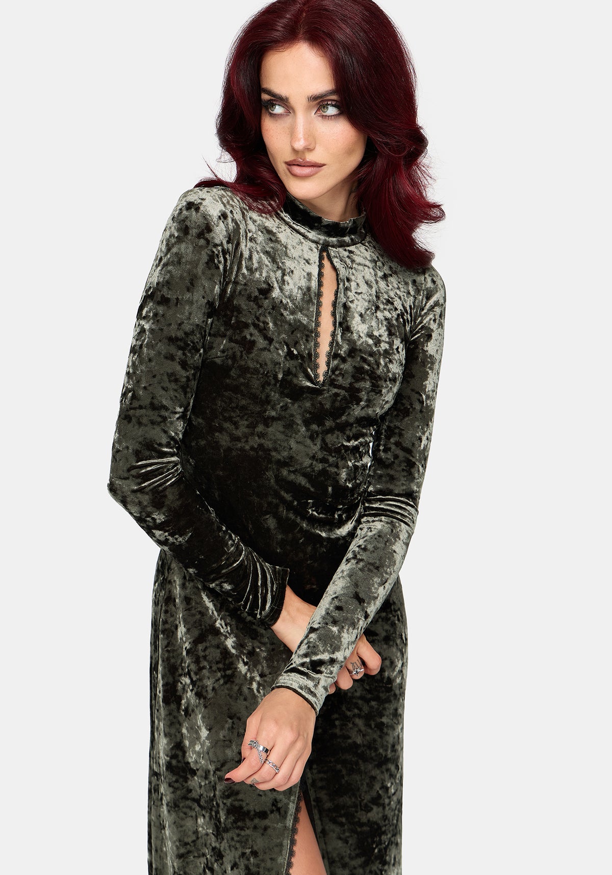 Nellie Green Velour Lace Trim Midi Dress UK 6