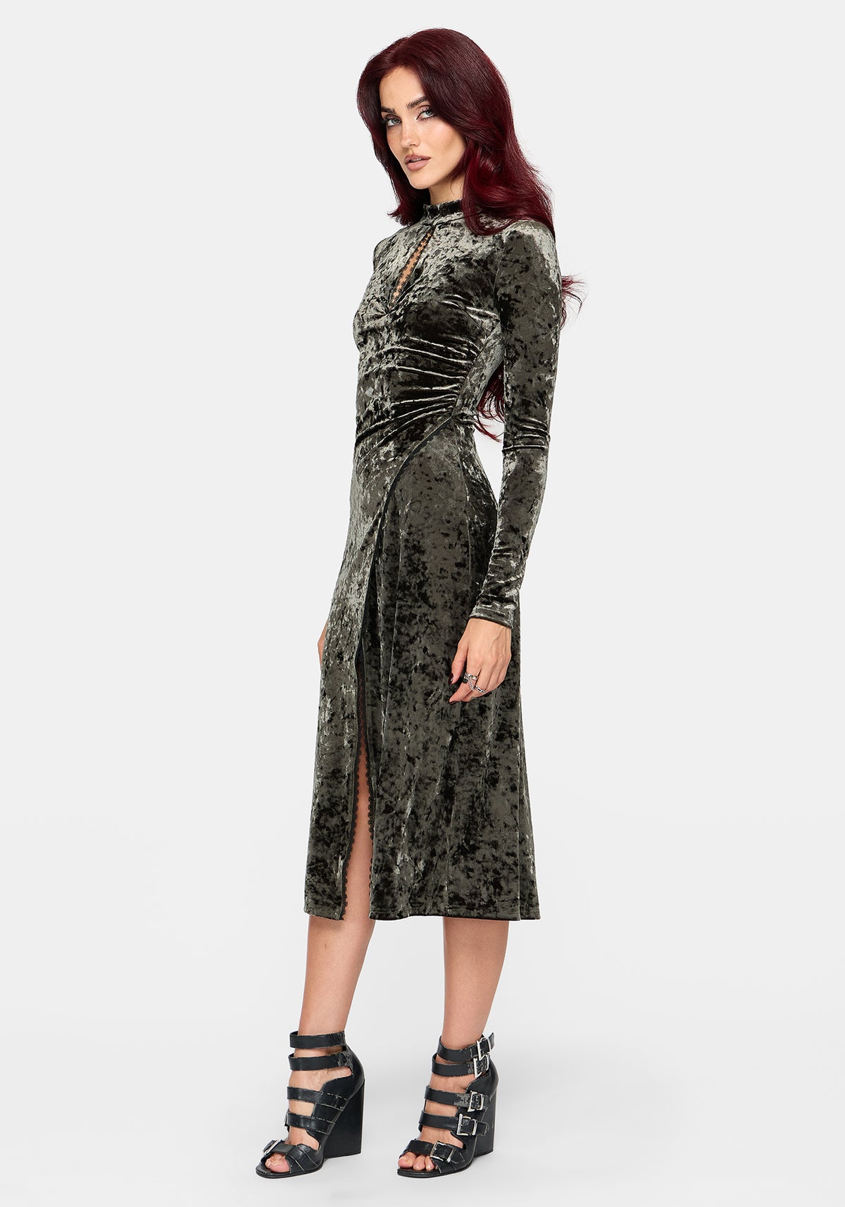 Nellie Green Velour Lace Trim Midi Dress UK 6