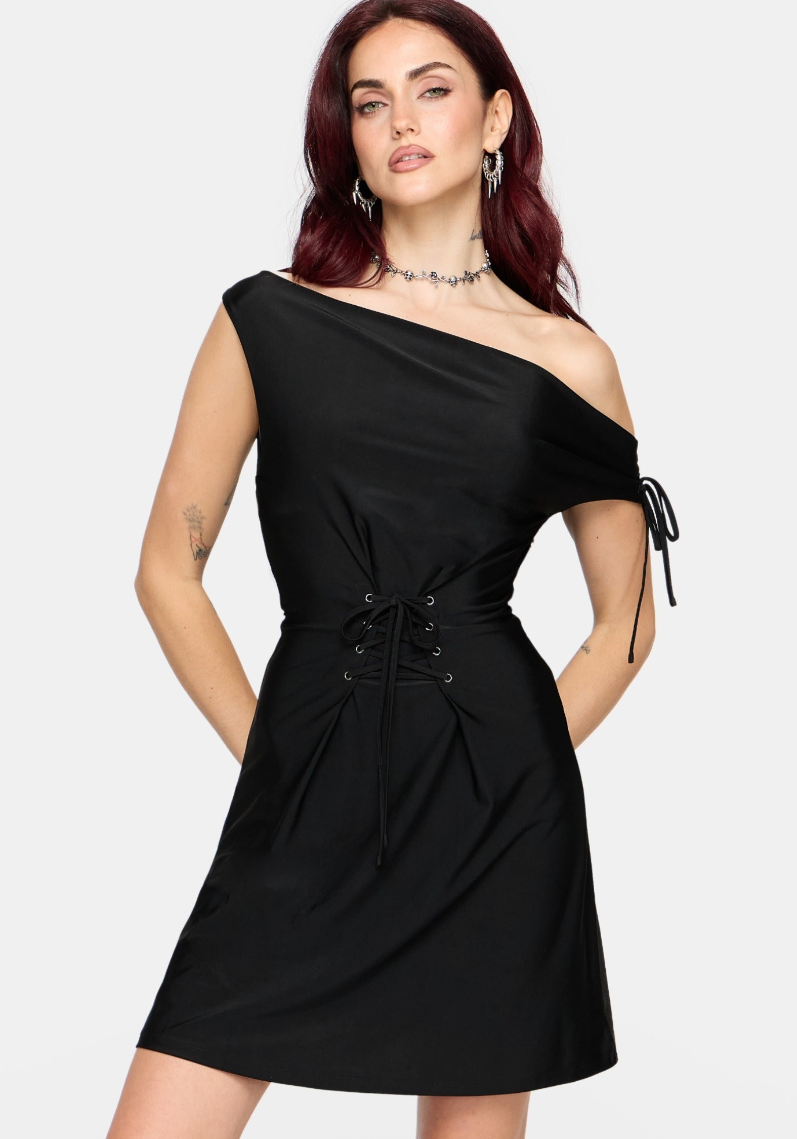 Noctavia Cowl Neck Lace up Mini Dress