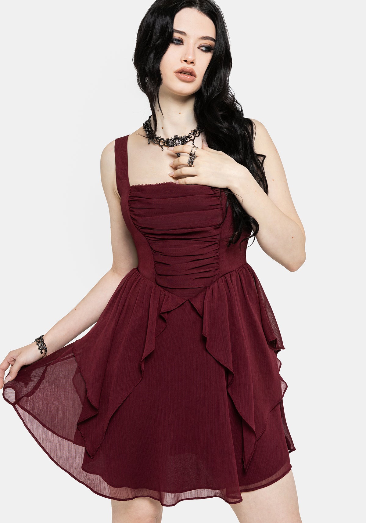 Siren Chiffon Picot Trim Mini Dress With Scarf (Two-Piece) UK 6