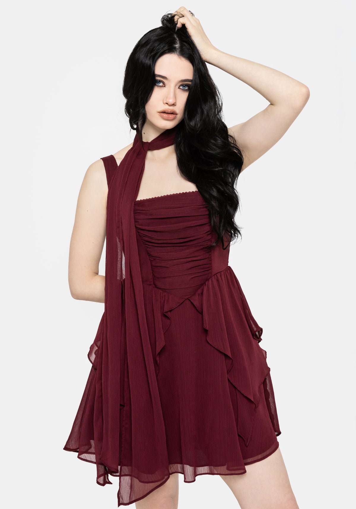 Siren Chiffon Picot Trim Mini Dress With Scarf (Two-Piece) UK 6