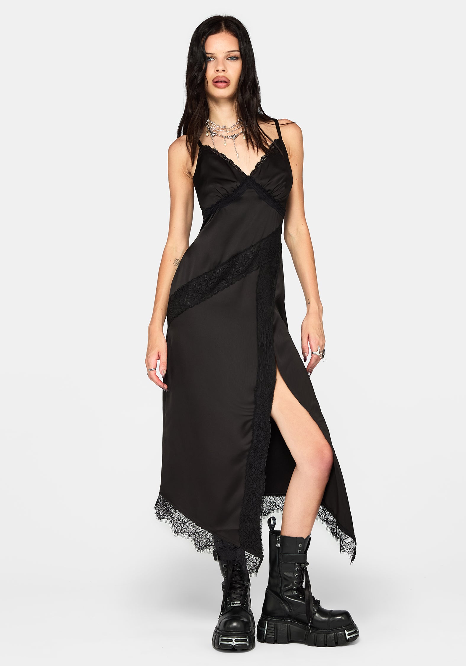 Tova Lace Trim Asymmetric Midaxi Dress