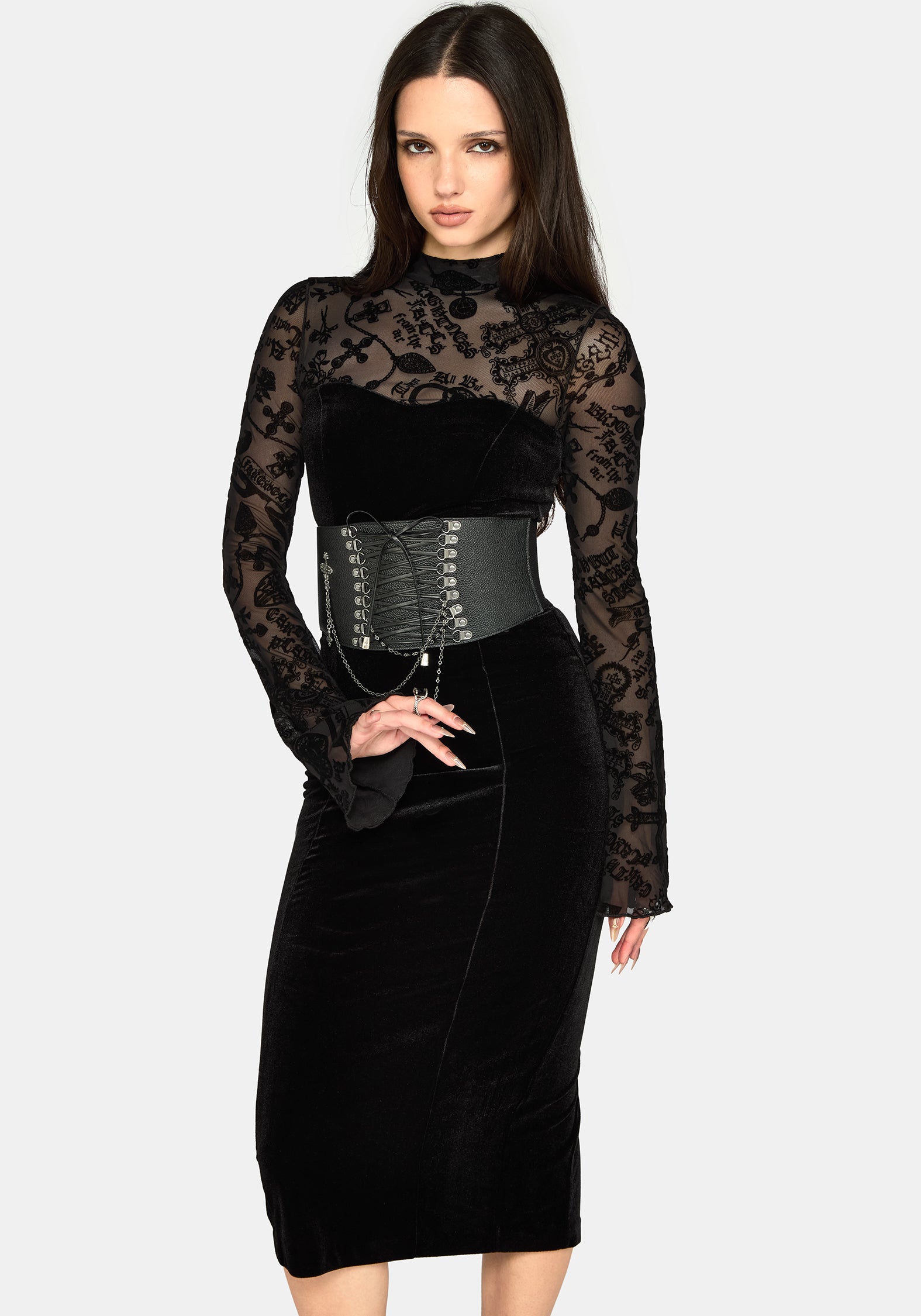 Sanct Flocked Bodycon Velour Midi Dress