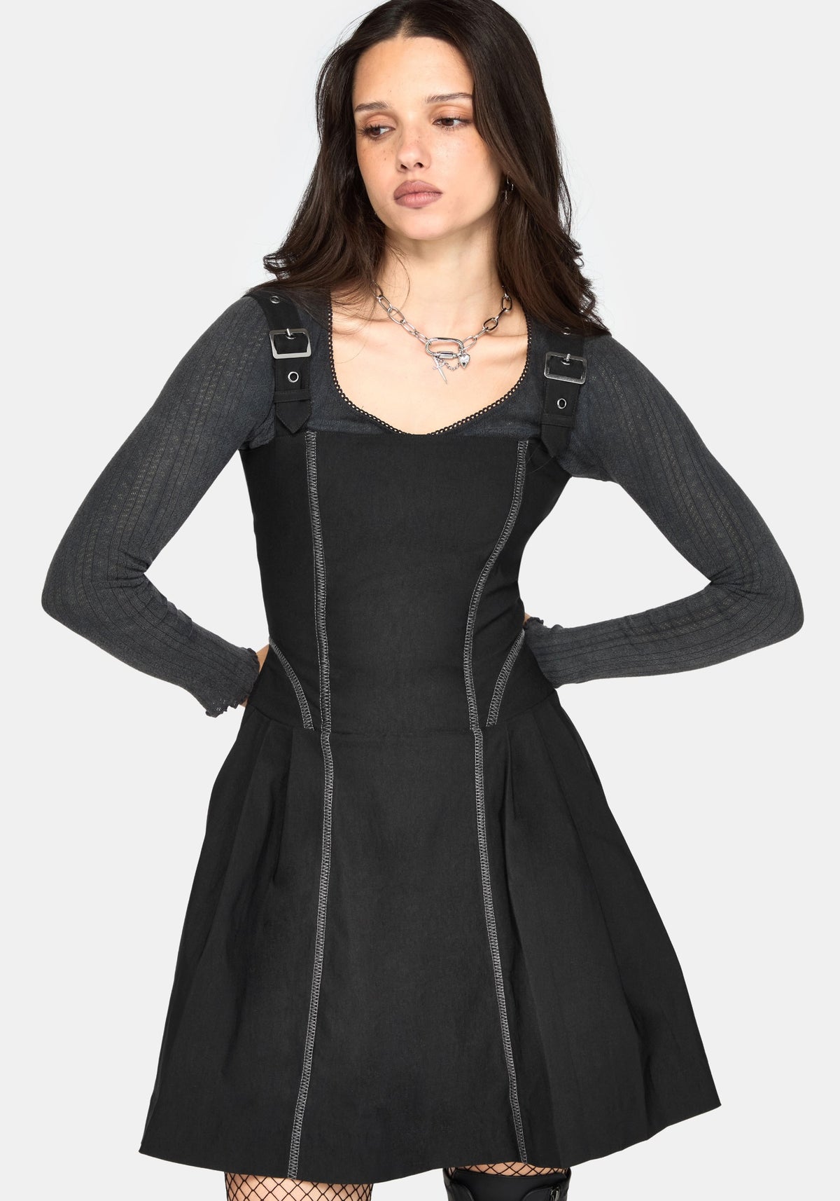 Virexia Contrast Stitch Pleated Mini Dress