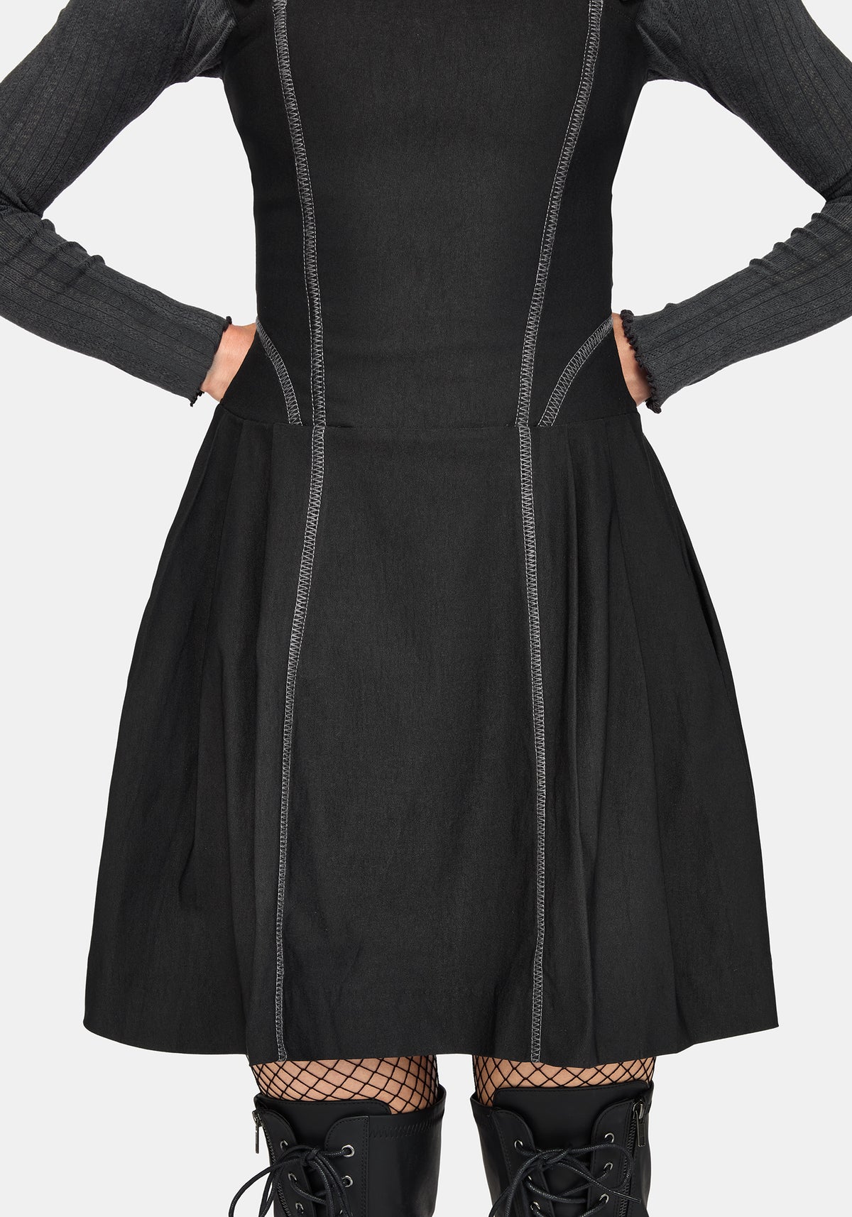 Virexia Contrast Stitch Pleated Mini Dress