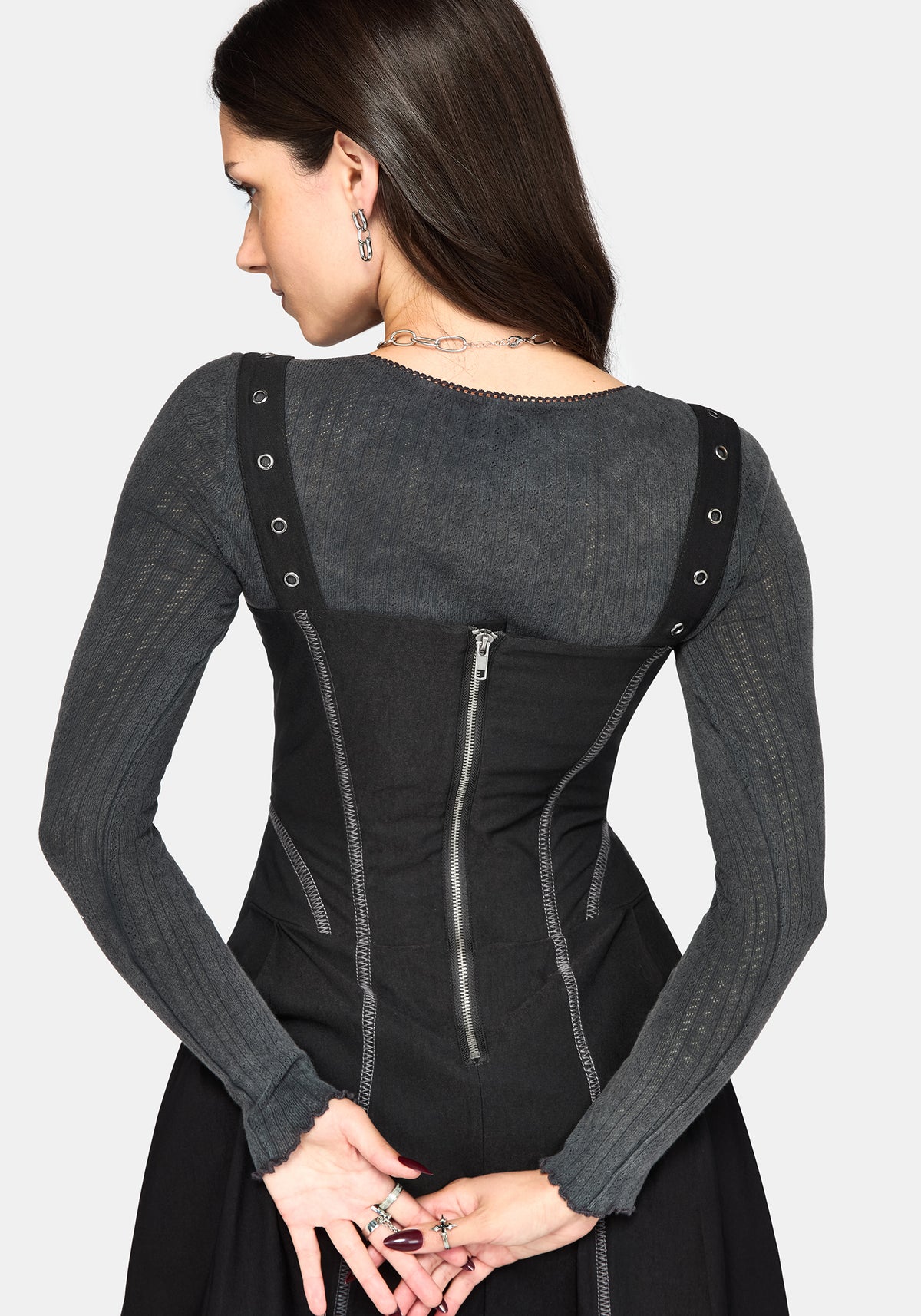 Virexia Contrast Stitch Pleated Mini Dress