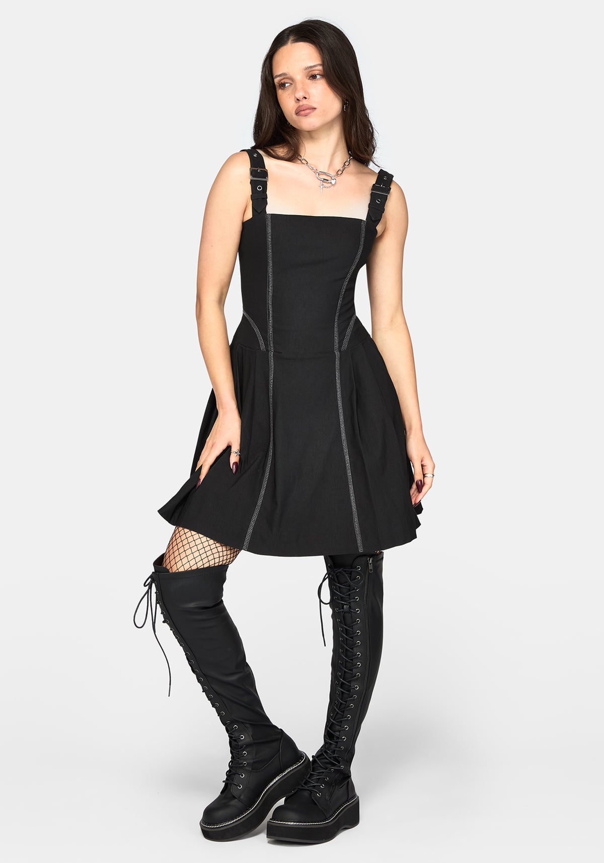 Virexia Contrast Stitch Pleated Mini Dress