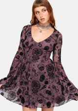 Equinox Flocked Flared Sleeve Mini Dress