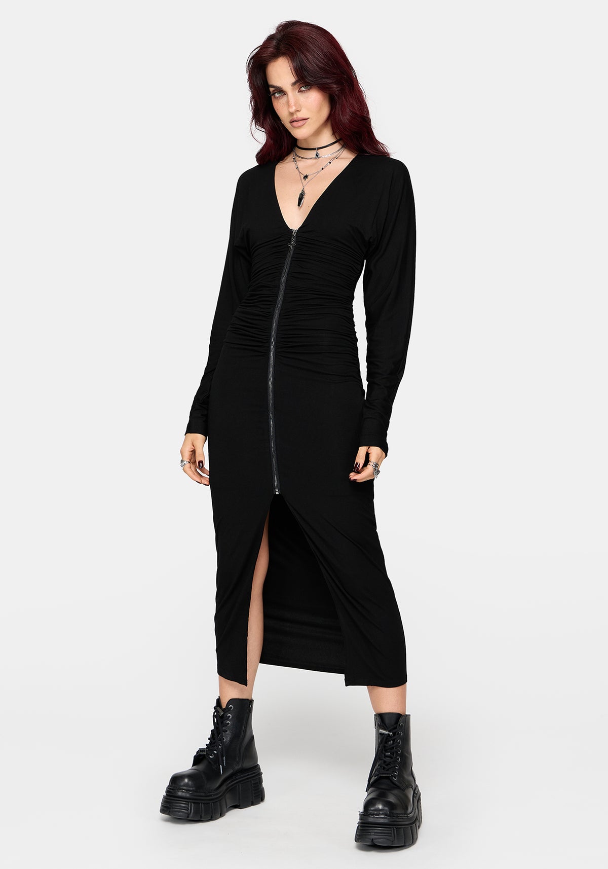 Vanthe Zip Front Batwing Sleeve Jersey Midaxi Dress