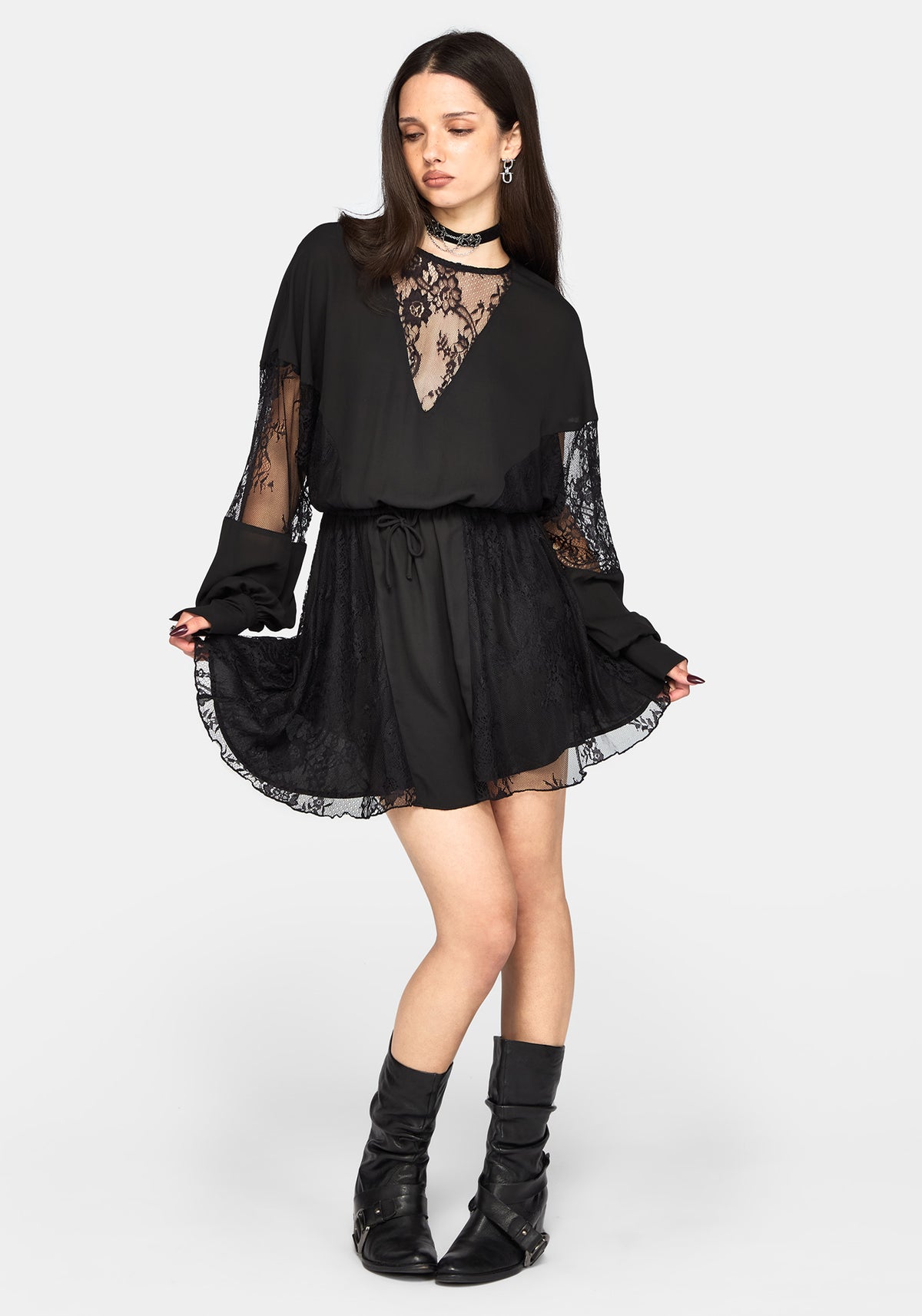 Frida Blouson Sleeve Lace Panelled Mini Dress