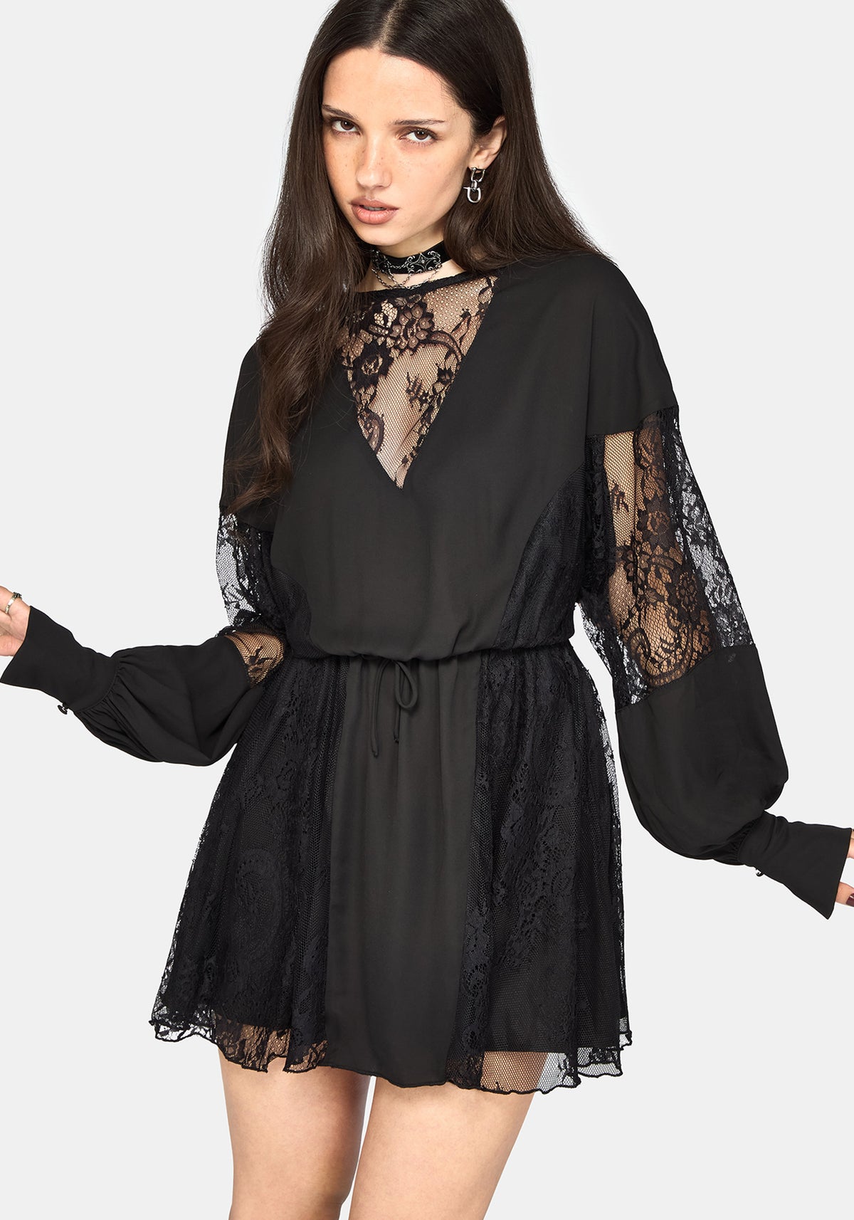 Frida Blouson Sleeve Lace Panelled Mini Dress