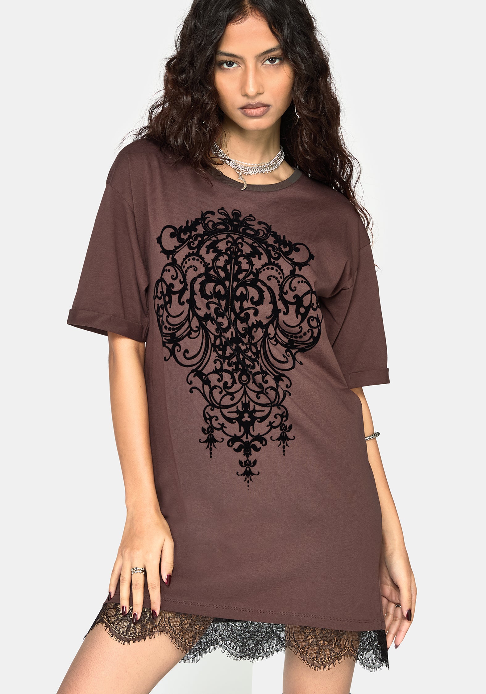 Leucosia Lace Trim Graphic T-Shirt Dress