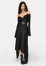 A model wearing a black off-the-shoulder midi dress with long bell sleeves, a sweetheart neckline, and a matching black belt with a silver buckle, styled with black platform ankle boots against a light gray background.