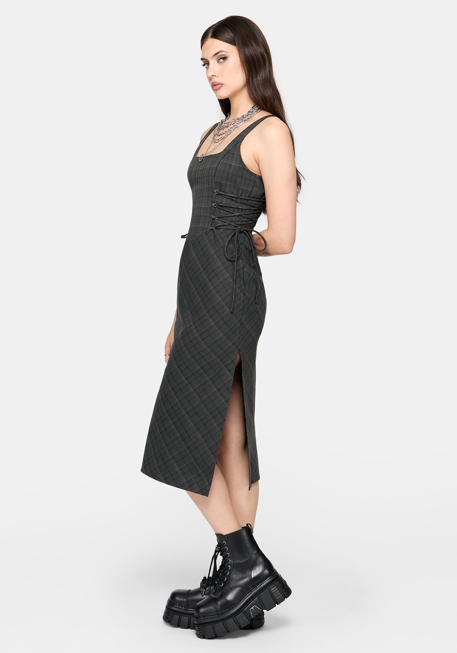 Caitriona Check Lace Up Side Midi Dress