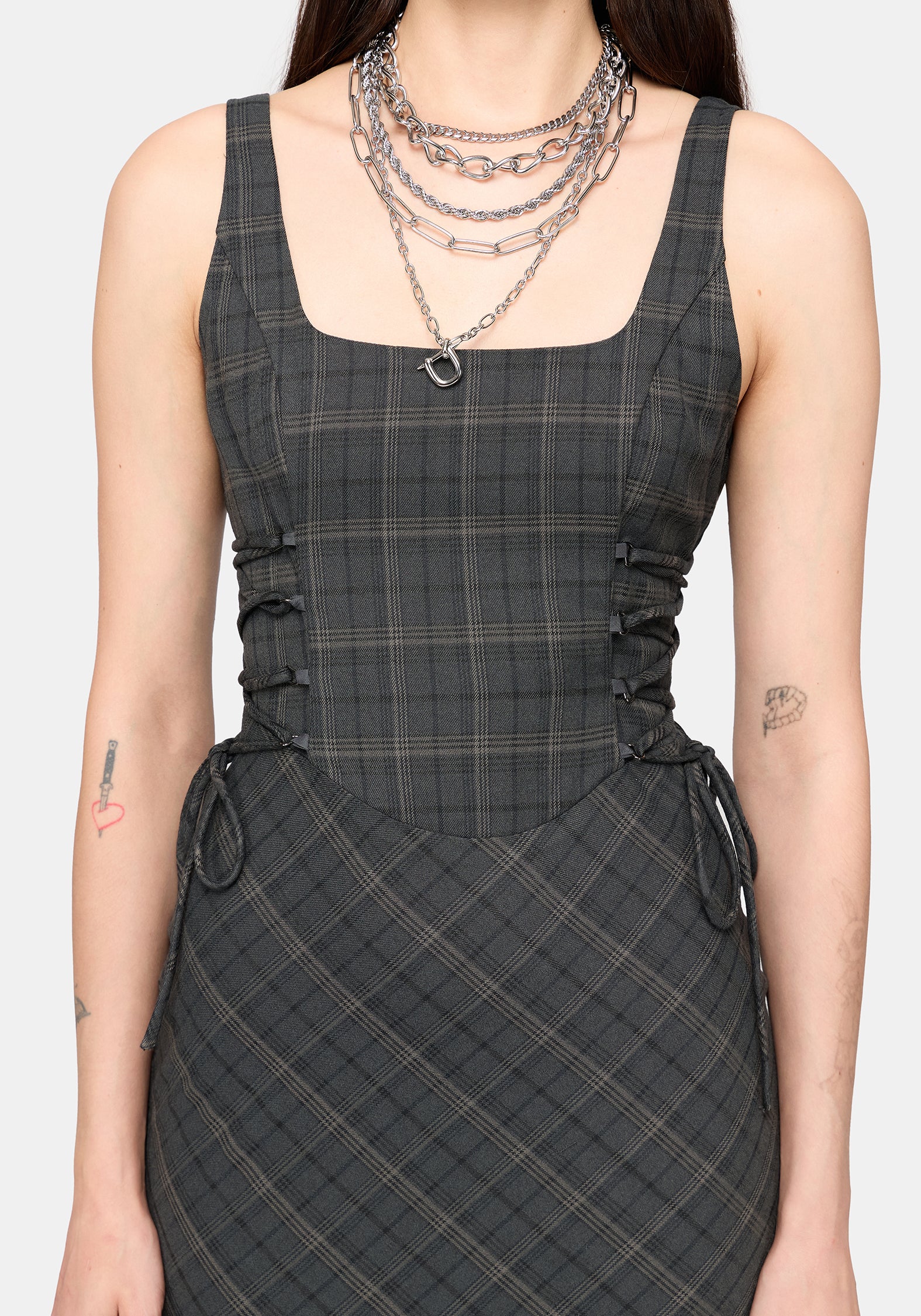 Caitriona Check Lace Up Side Midi Dress