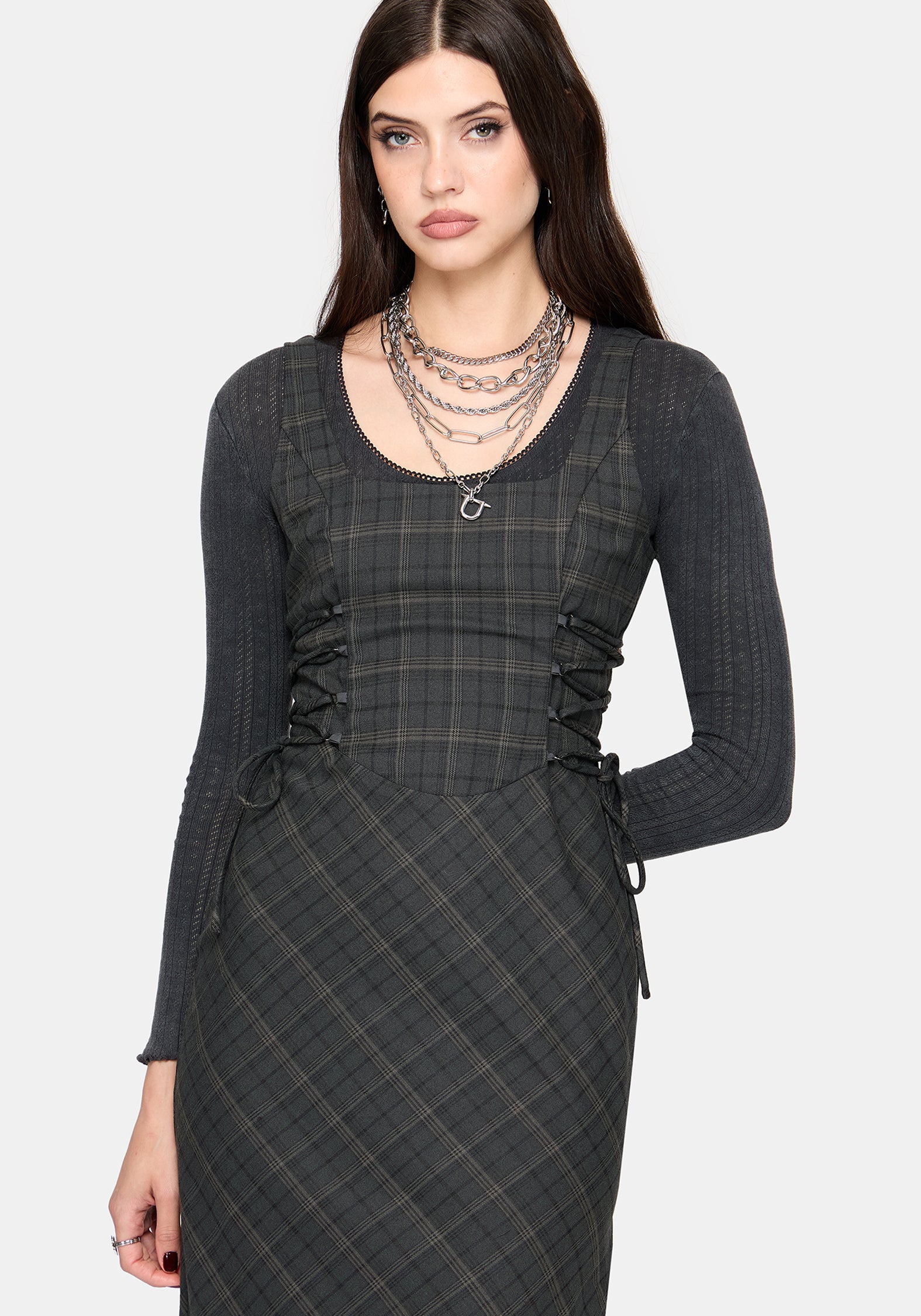 Caitriona Check Lace Up Side Midi Dress