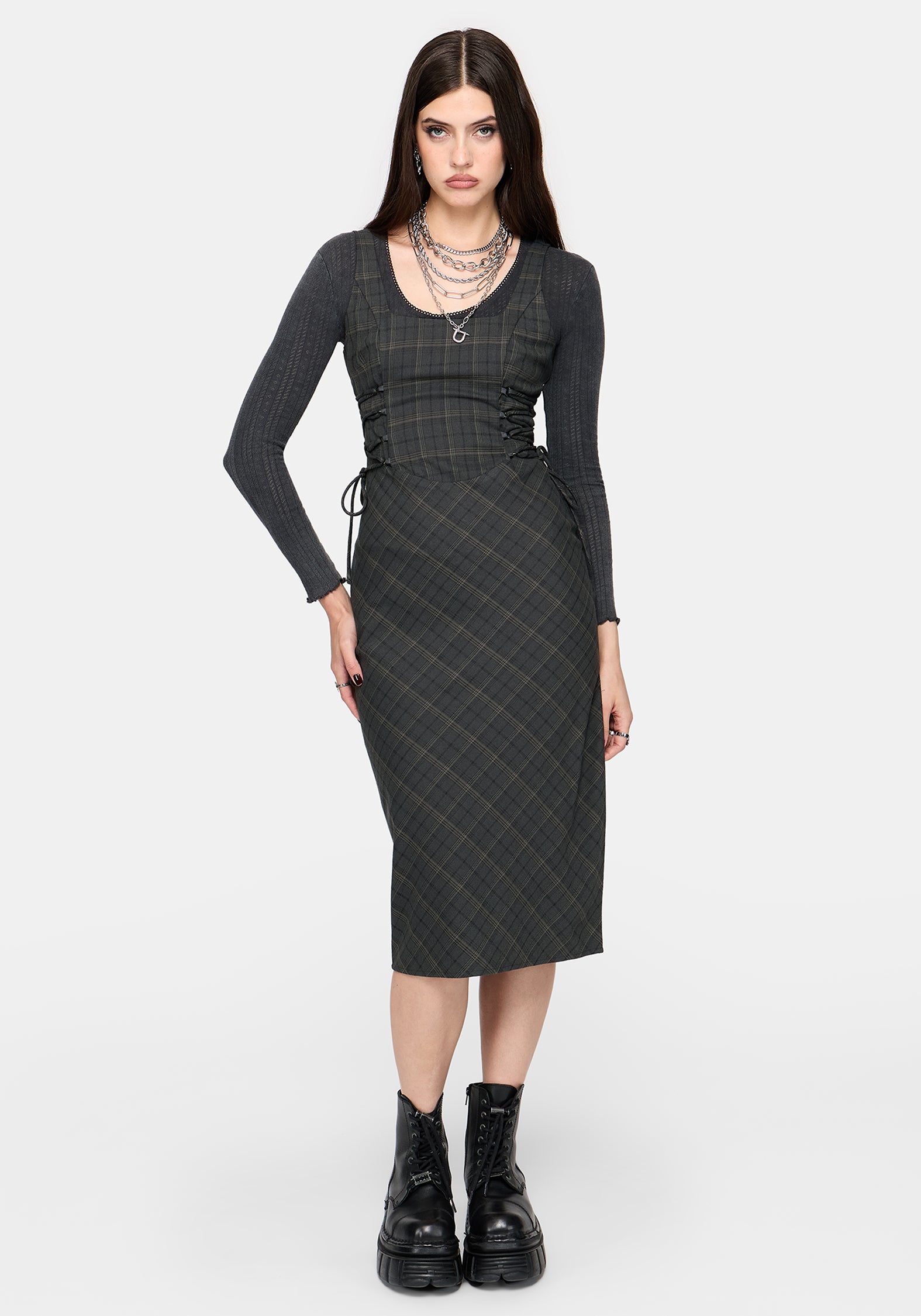 Caitriona Check Lace Up Side Midi Dress