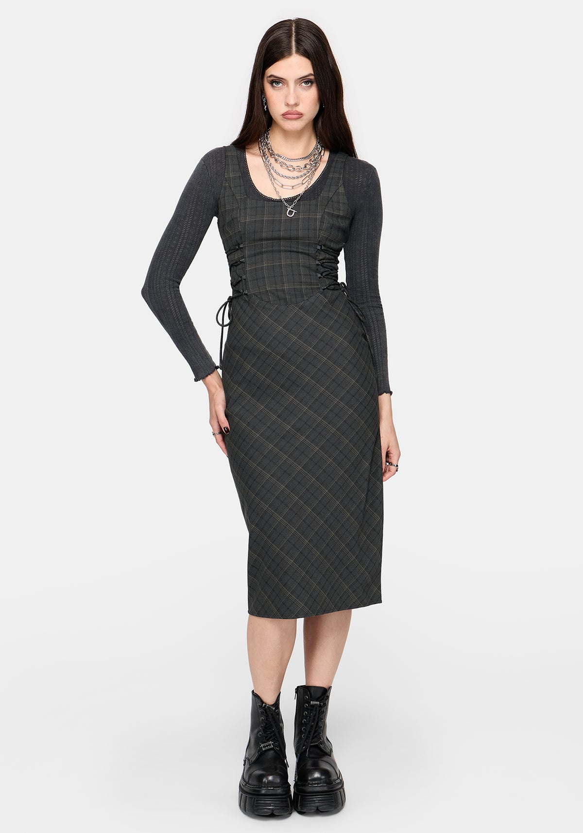 Caitriona Check Lace Up Side Midi Dress