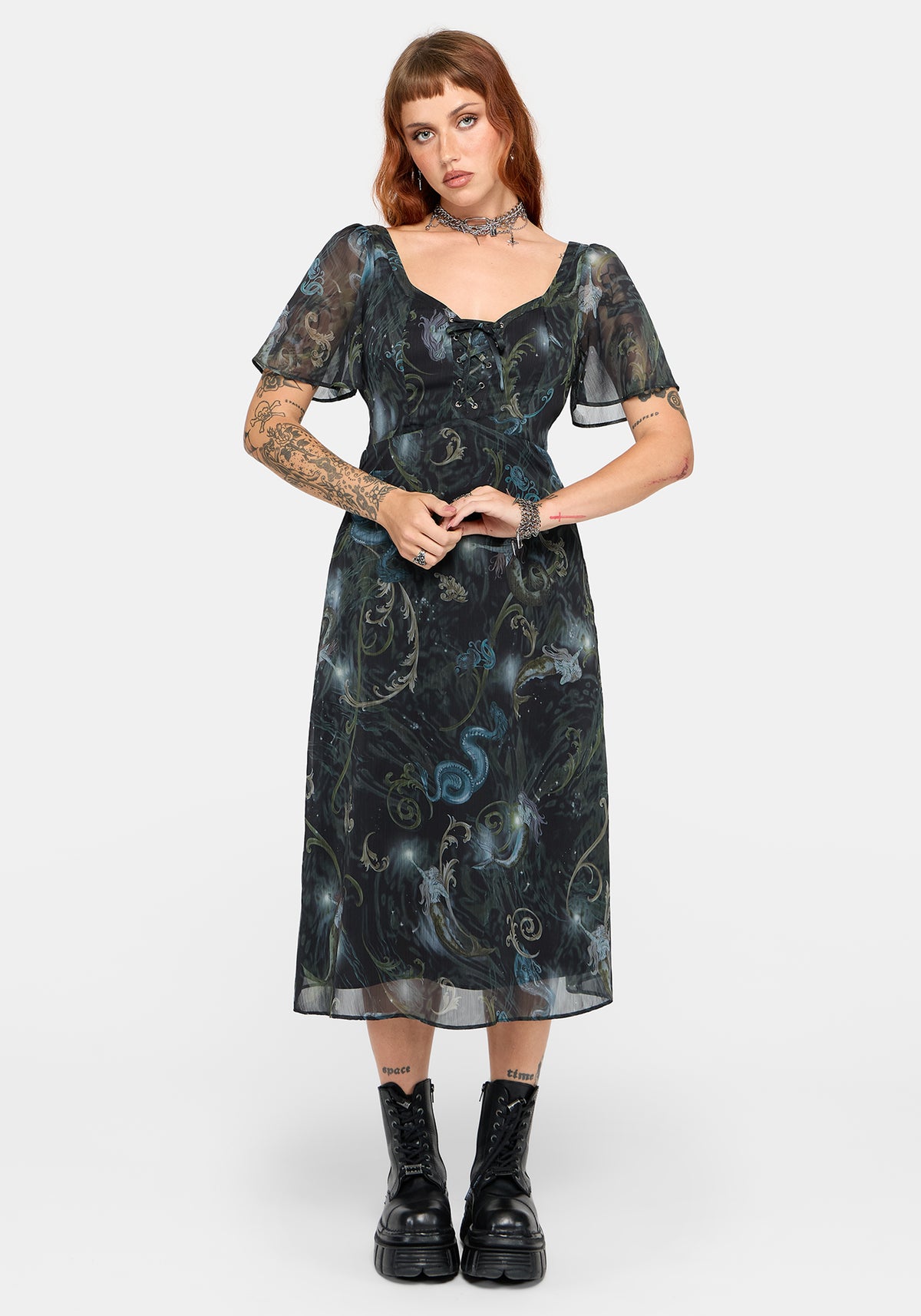 Seluna Lace Up Front Chiffon Midi Dress