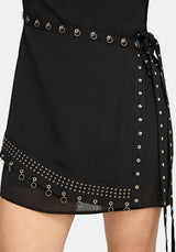 Emara Eyelet Piercing Wrap Front Mini Dress