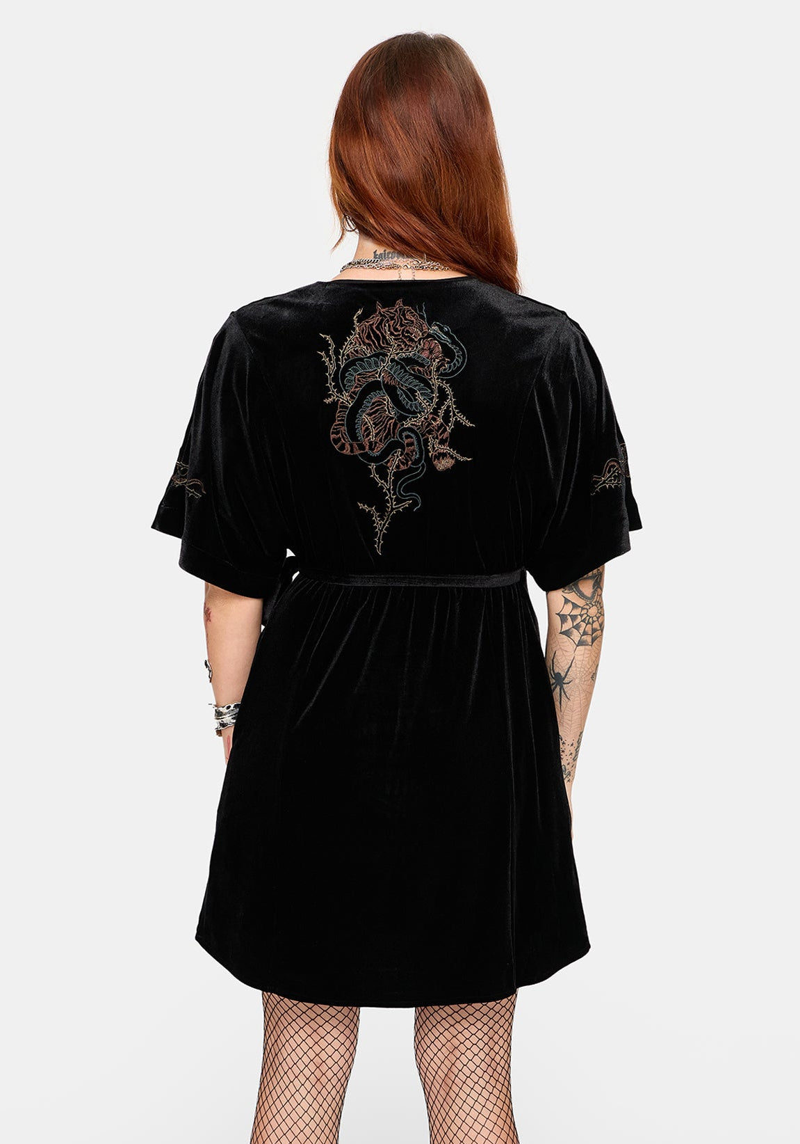 Tigris Embroidered Velour Wrap Kimono Mini Dress