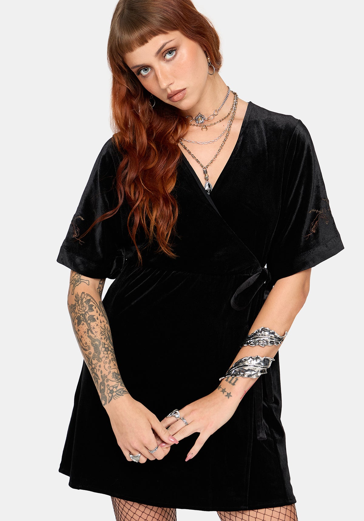 Tigris Embroidered Velour Wrap Kimono Mini Dress