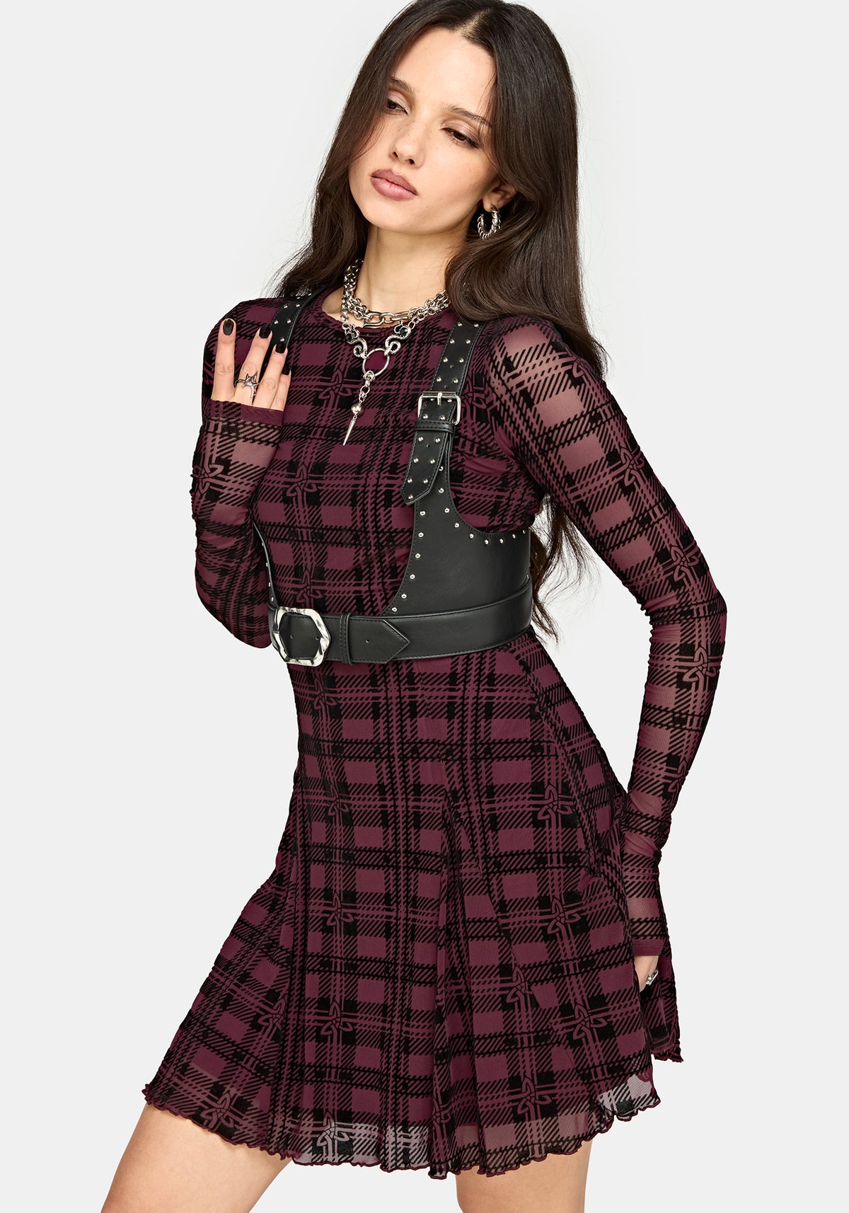 Vesica Flocked Witches Knot Godet Mini Dress - Burgundy
