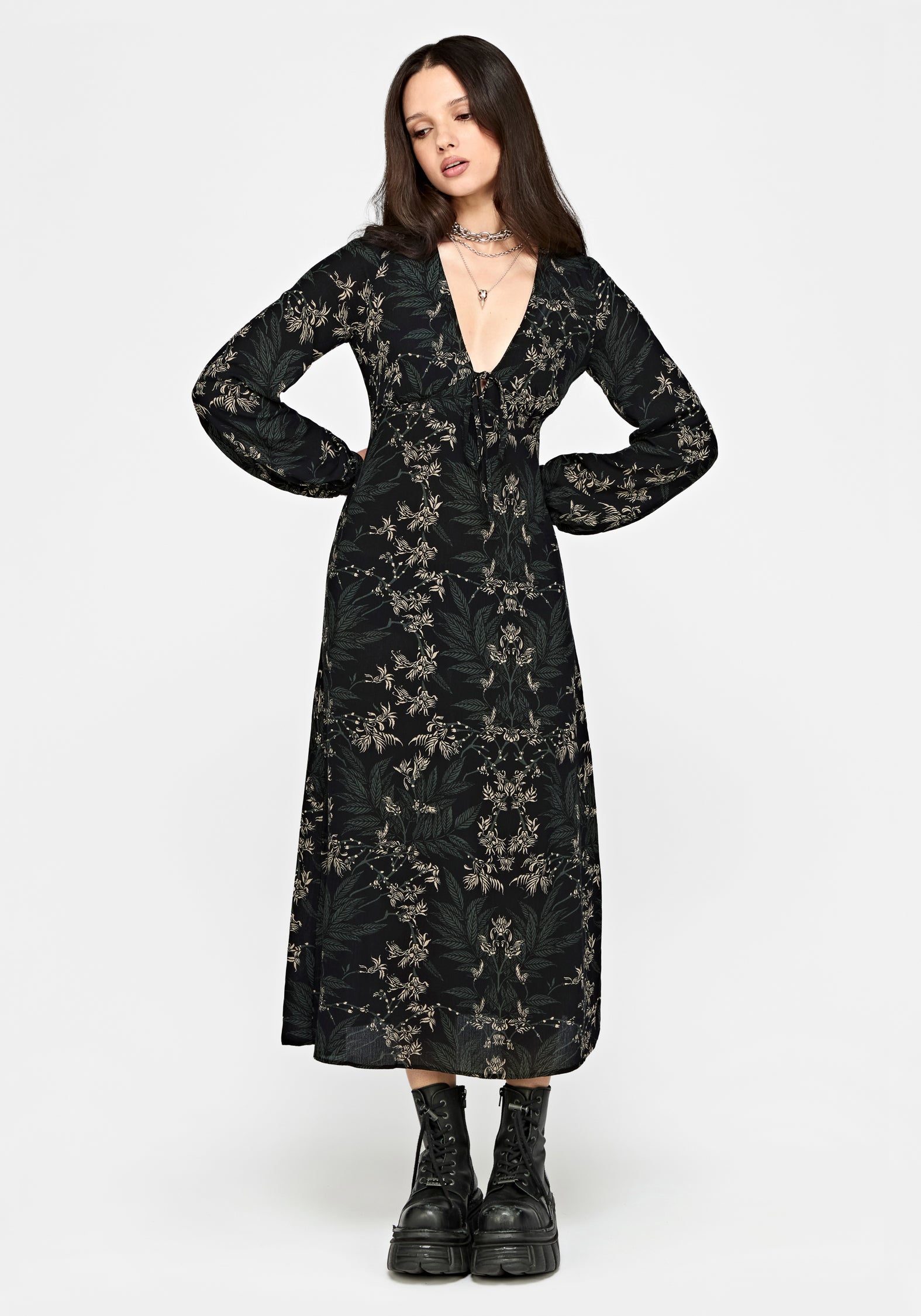 Azolla Fern Crinkle Long Sleeve Midi Dress
