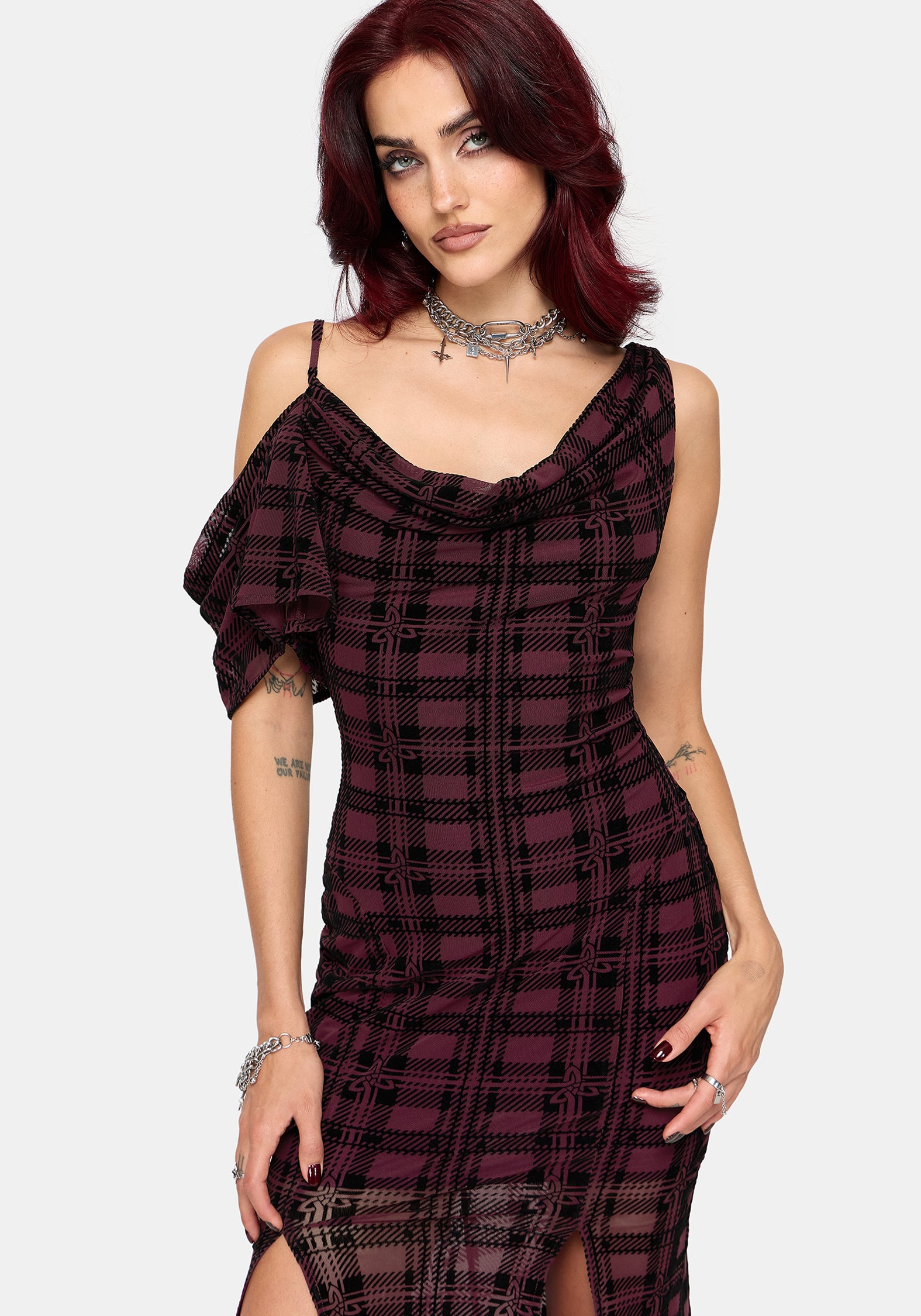 Vesica Flocked Witches Knot Midi Dress - Burgundy