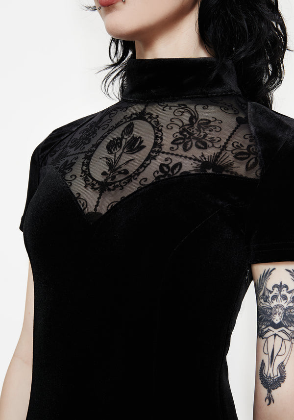 Cameo High Neck Flocked Mesh Insert Skater Mini Dress