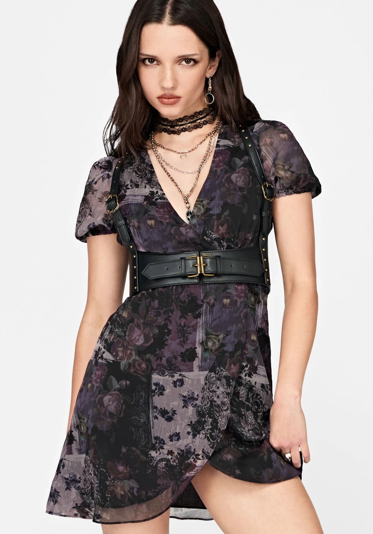 Iskra Mystic Floral Chiffon Wrap Mini Dress