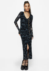 Bryn Floral Flocked Mesh Ruched Long Sleeve Midaxi Dress