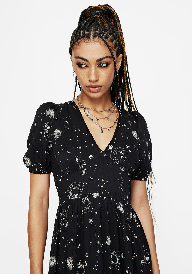 Comet Celestial Printed Puff Sleeve Midaxi Dress