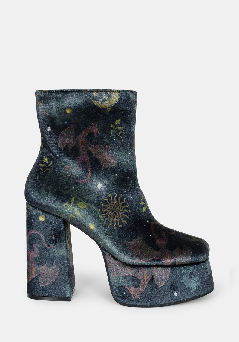Phoenix Dragon Velvet Platform Boots