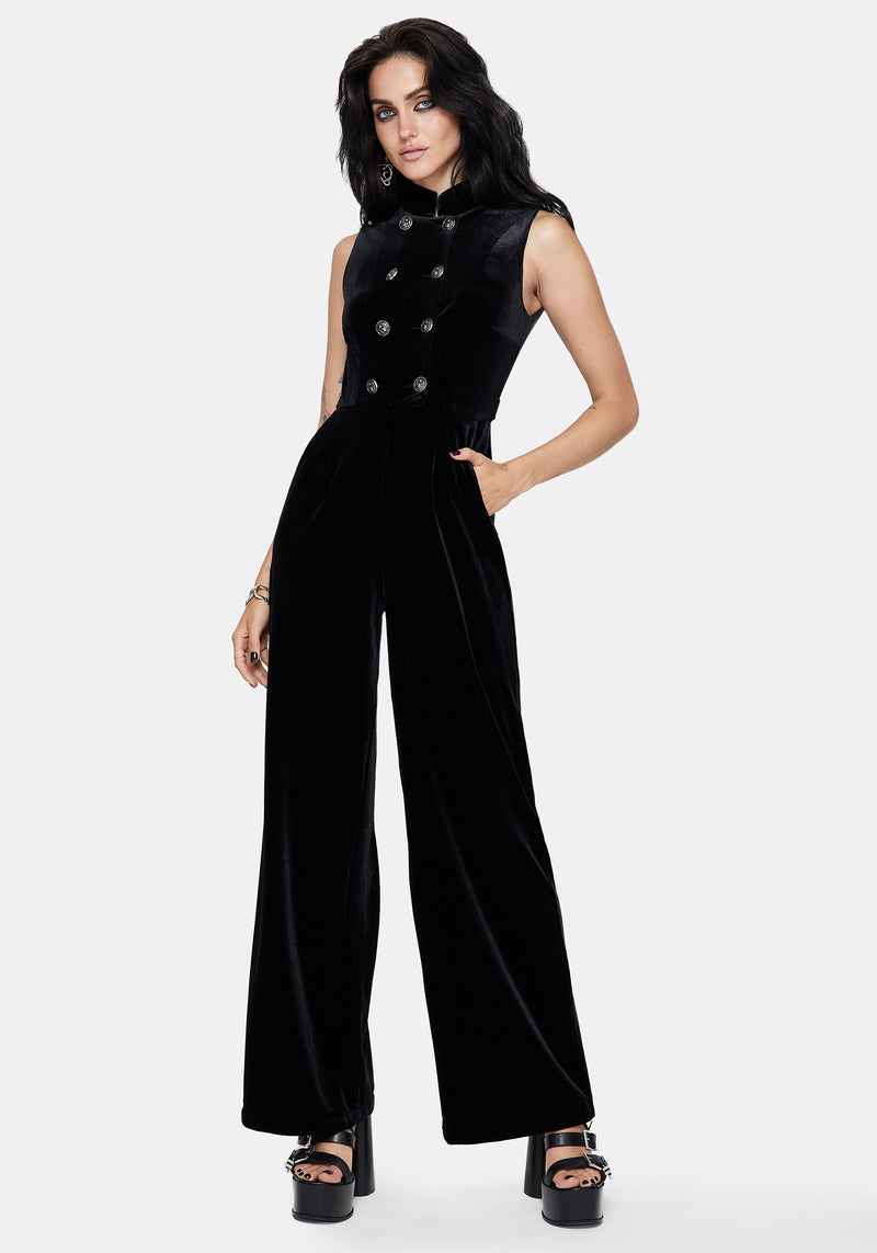 Dusken Velour Button Up High Neck Jumpsuit