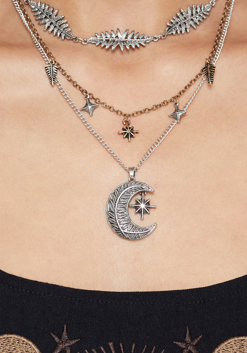 Abellona Moon Fern Layered Charm Necklace