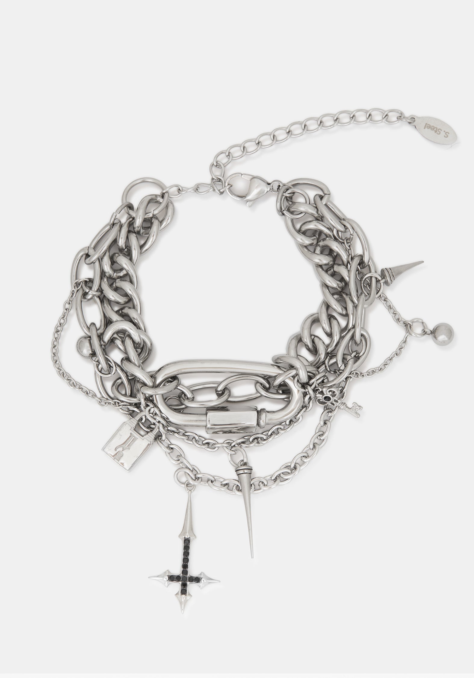 A layered silver-tone chain bracelet featuring chunky interlocking links, delicate chain straps, dangling spikes, a small padlock charm, and a cross charm, displayed on a light gray background.