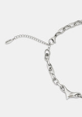 Silver chain bracelet detail showing the lobster clasp, extender chain with a tag, and a polished arrow-shaped charm on a light gray background.