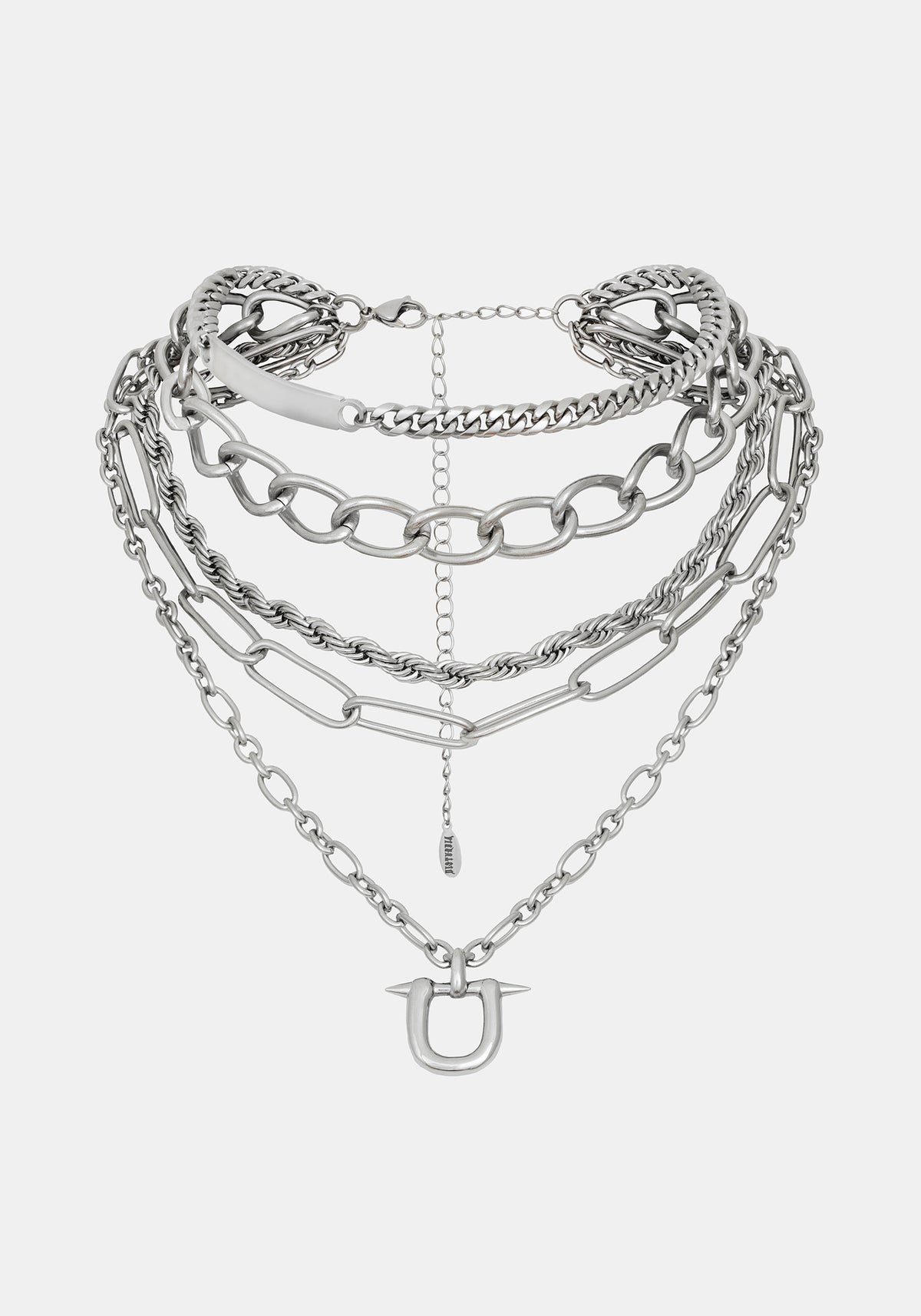 A layered silver-tone chain necklace with multiple link styles and a small horse-head charm, displayed on a light gray background.