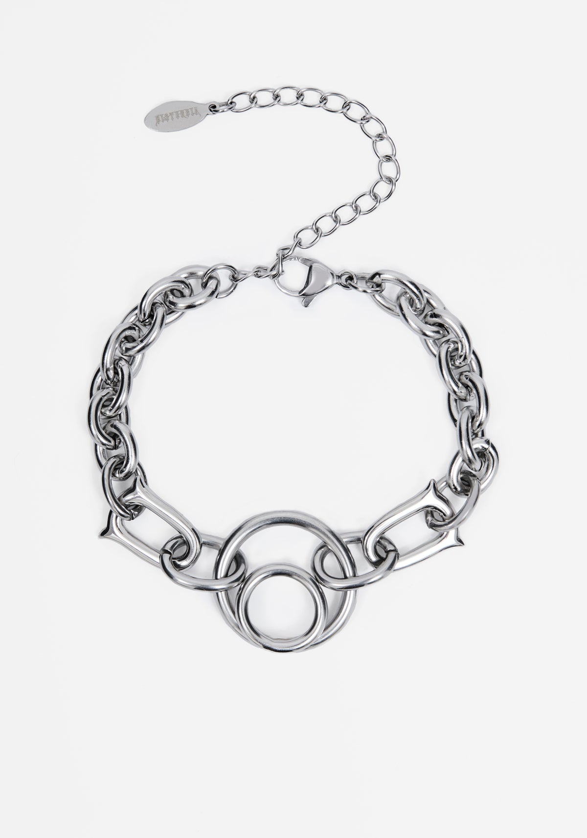 A silver-toned chain bracelet featuring a central interlocking circular link motif and an adjustable extender chain with a branded tag, shown on a light gray background.