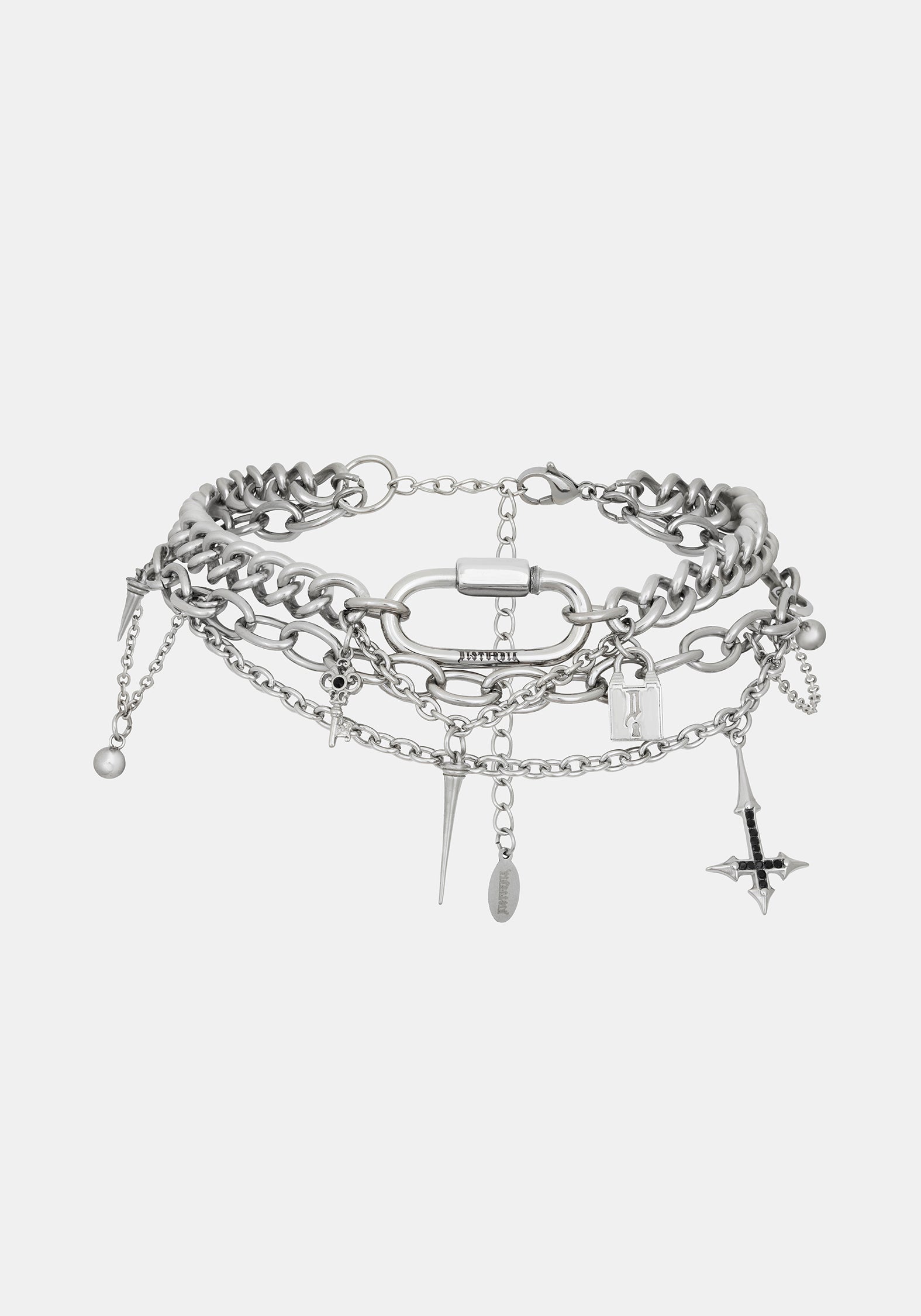 A layered silver-tone chain choker bracelet featuring chunky and delicate chains, a central ring, and dangling charms including a cross, key, and beads, shown against a light gray background.