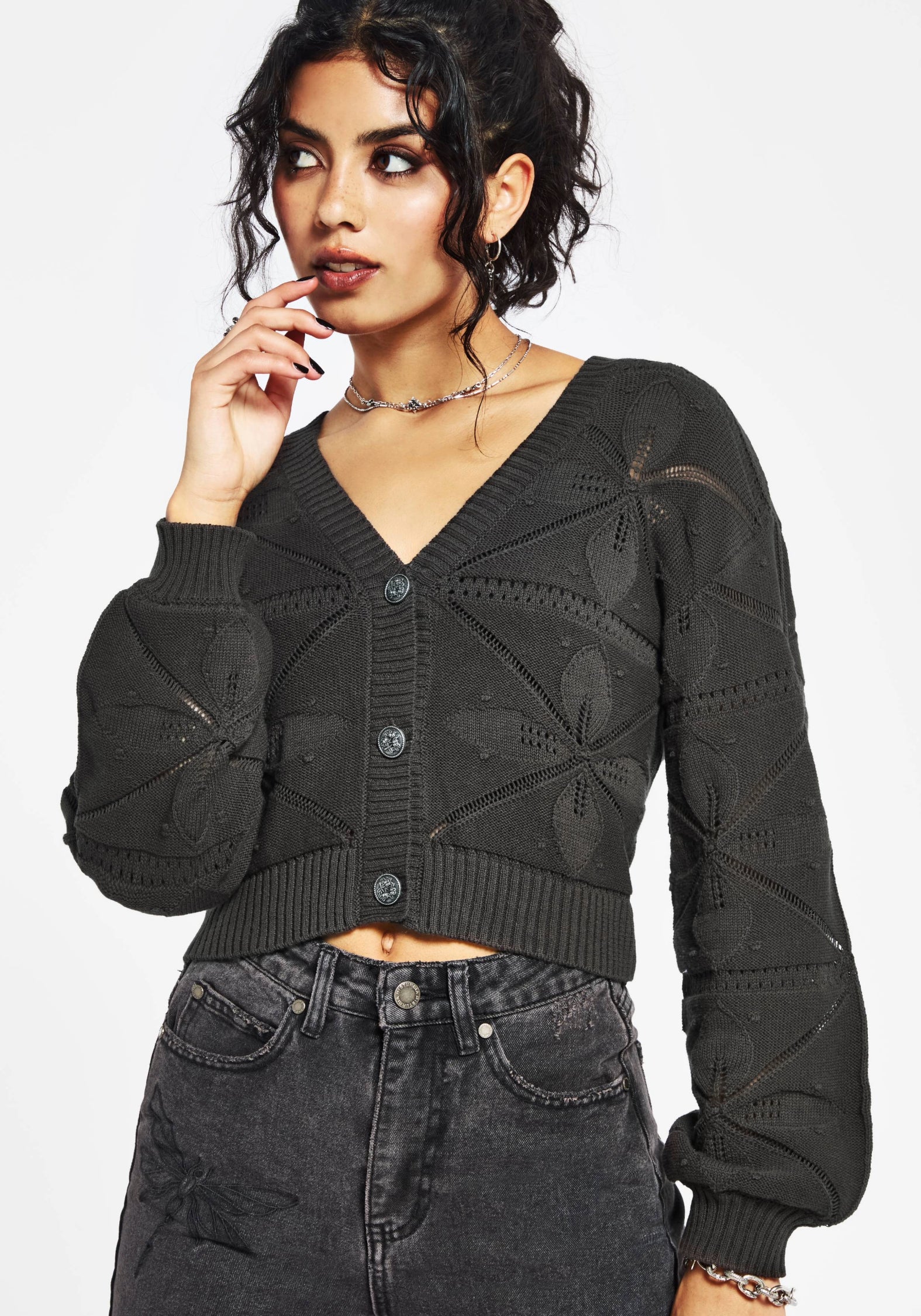 ADORA Flower Button Down Lantern Sleeve Cardigan