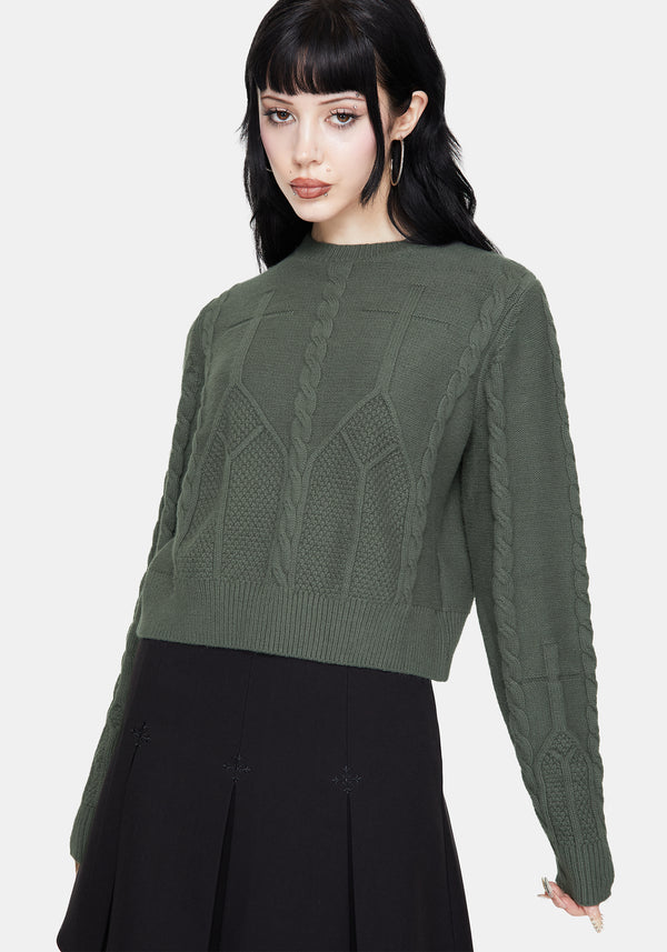 Noir Cotton Gothic Arch Cropped Cable Knit Jumper