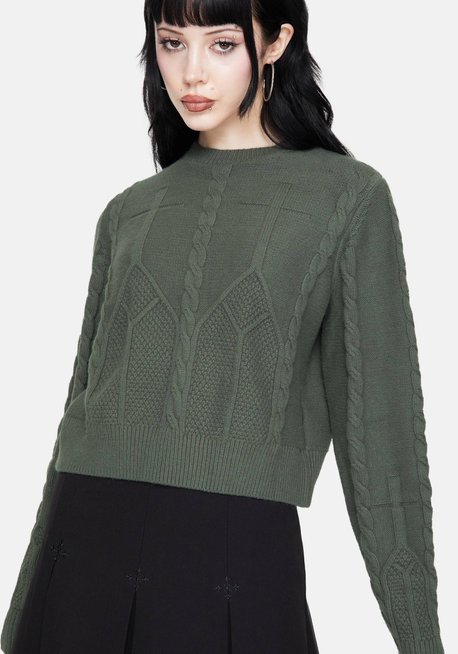 Noir Cotton Gothic Arch Cropped Cable Knit Jumper