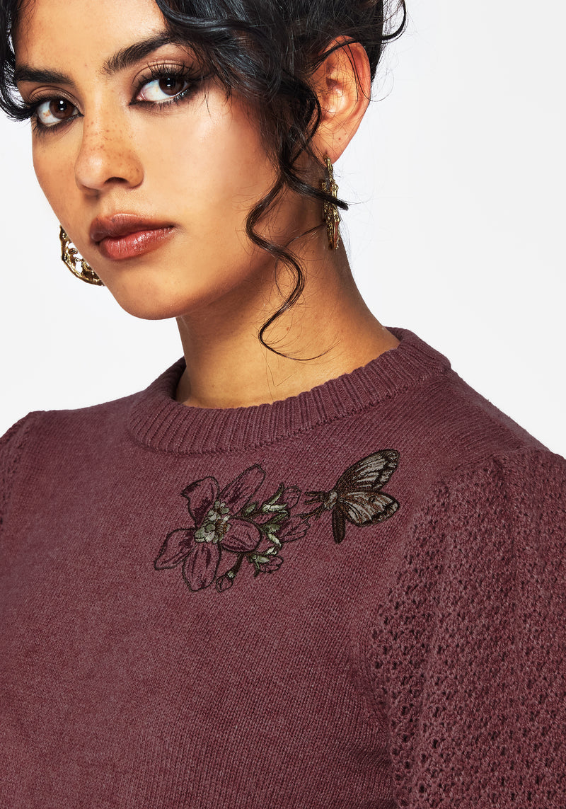 Dana Floral Moth Embroidered Jumper - Purple